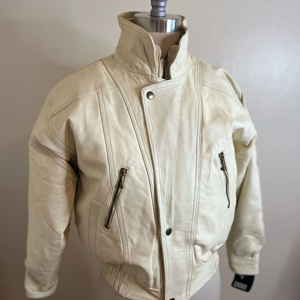 Sonia Cream Leather Bomber 80s Jacket w Double Botton/Zip Front Closure